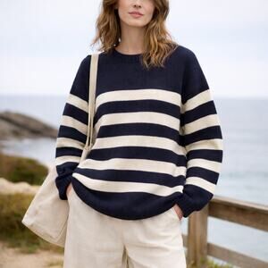 COS SZ S Wool Cotton Blend Oversized Striped Jumper Navy / Off-white / Stripe